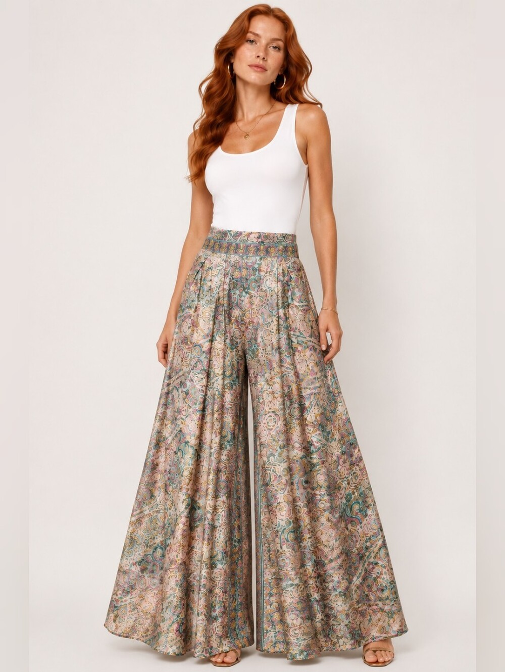 NWOT High-Waist Wide Leg Artsy Abstract Smocked Waist Palazzo Pants Sz Large